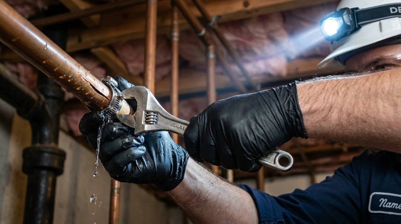 Emergency pipe clamp repair being performed by a Johns Plumbing LLC plumber in Silver Lake