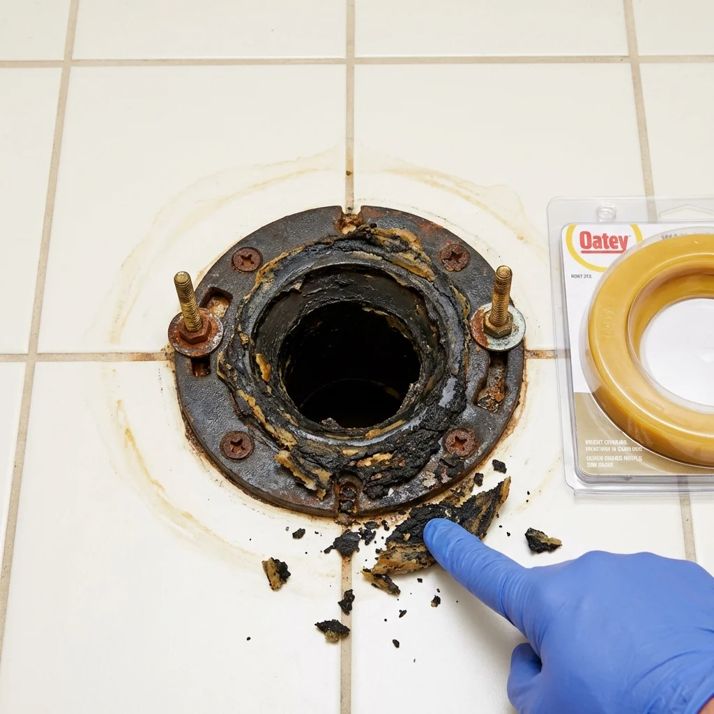 Failed wax ring showing water seepage at the base of a toilet in a Silver Lake, KS home