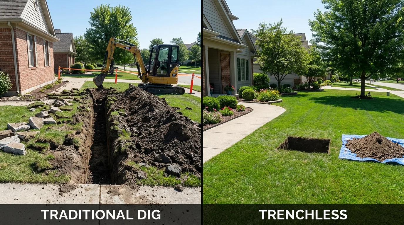 Trenchless sewer repair with minimal yard damage versus traditional excavation in Silver Lake, KS