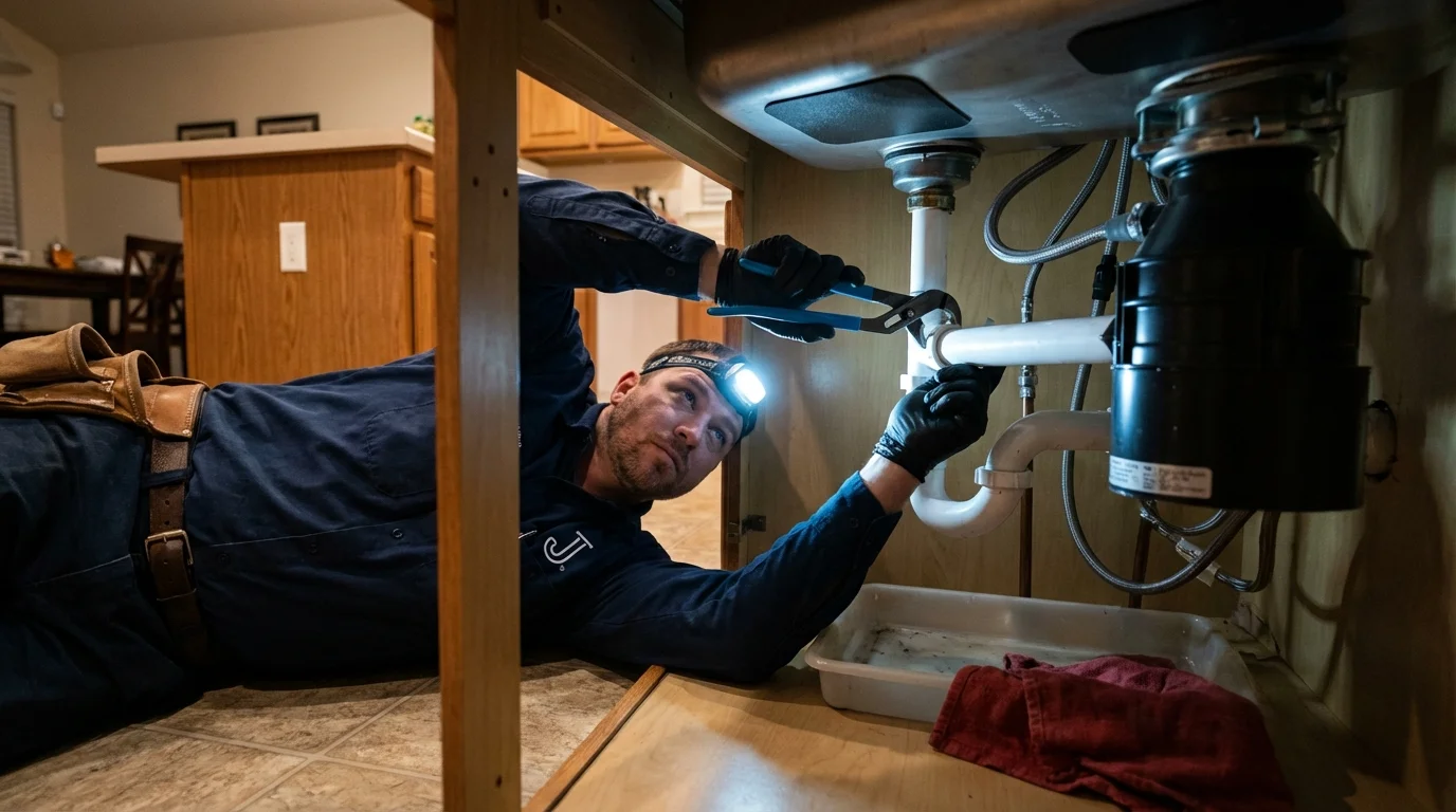 P-trap and supply line connections under a kitchen sink showing a common leak point in Silver Lake, KS